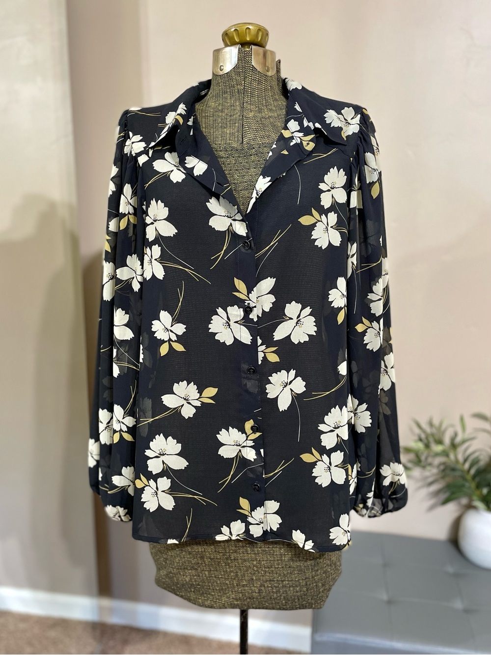 Cabi Cosmo 4159 Black Sheer Floral Blouse Button Down Chiffon Balloon Sleeve EUC